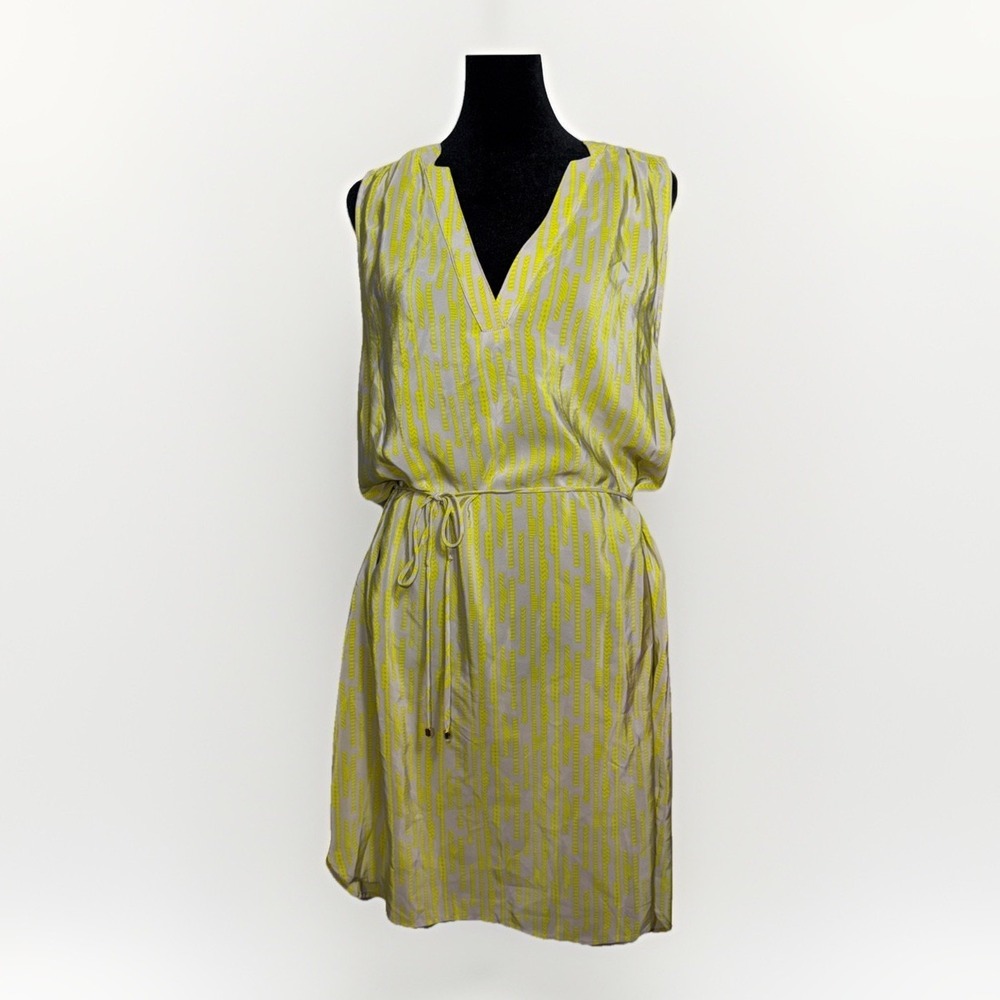 Britt Ryan Yellow Gray Sleeveless V-Neck Silk Dress Size M NWT Tie Waist
